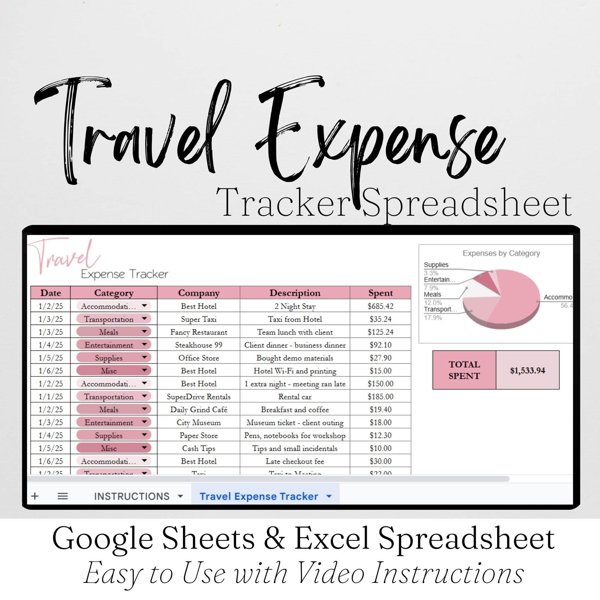 Travel Expense Tracker Spreadsheet Template Google Sheets and Excel Sp