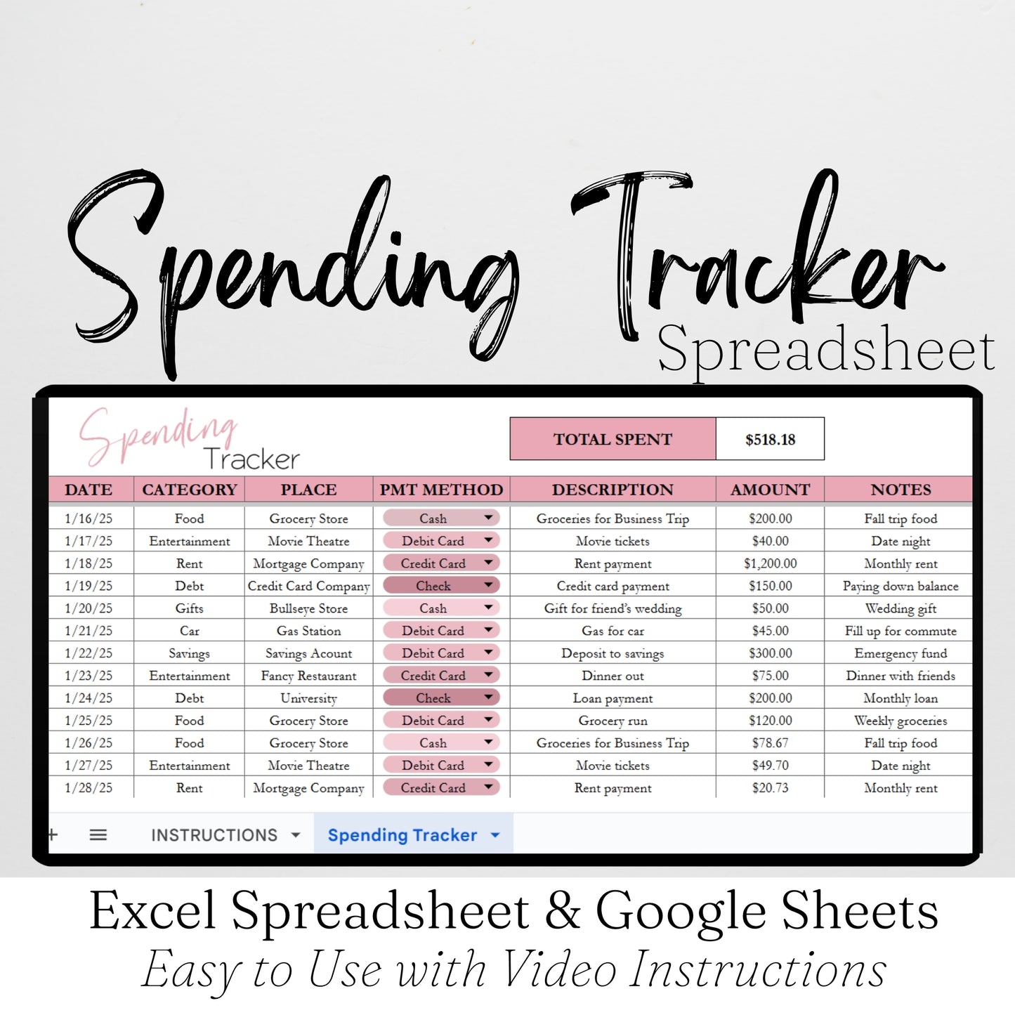 Spending Tracker Google Sheets Template and Excel Spreadsheet