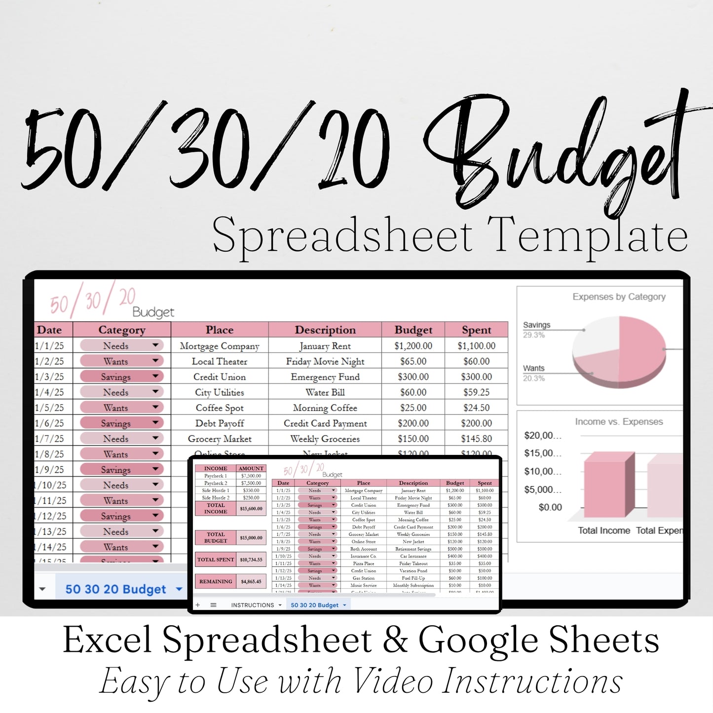 50 30 20 Budget Spreadsheet Template Google Sheets and Excel Spreadsheet