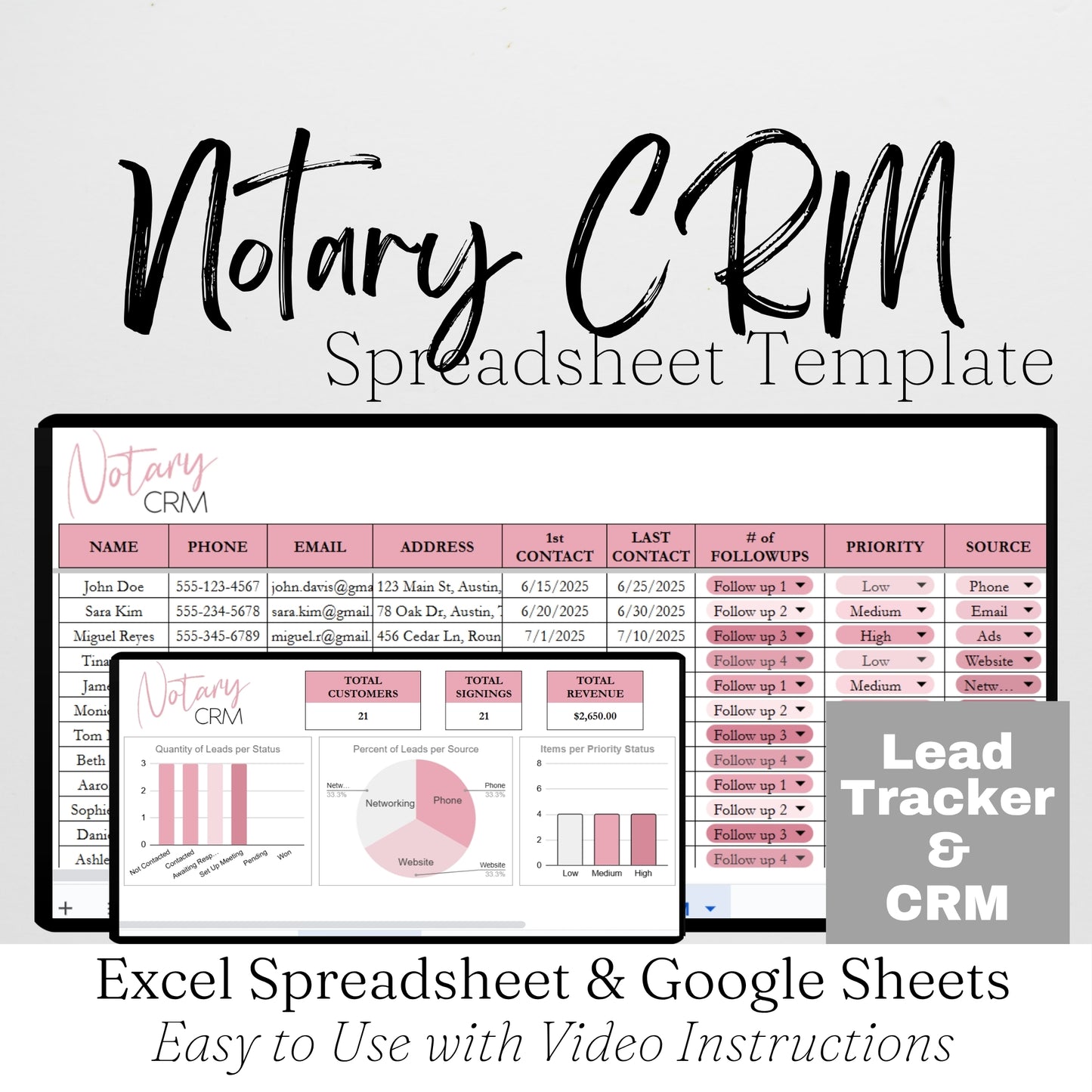 Notary CRM Template for Google Sheets and Excel Spreadsheet: Lead Tracker