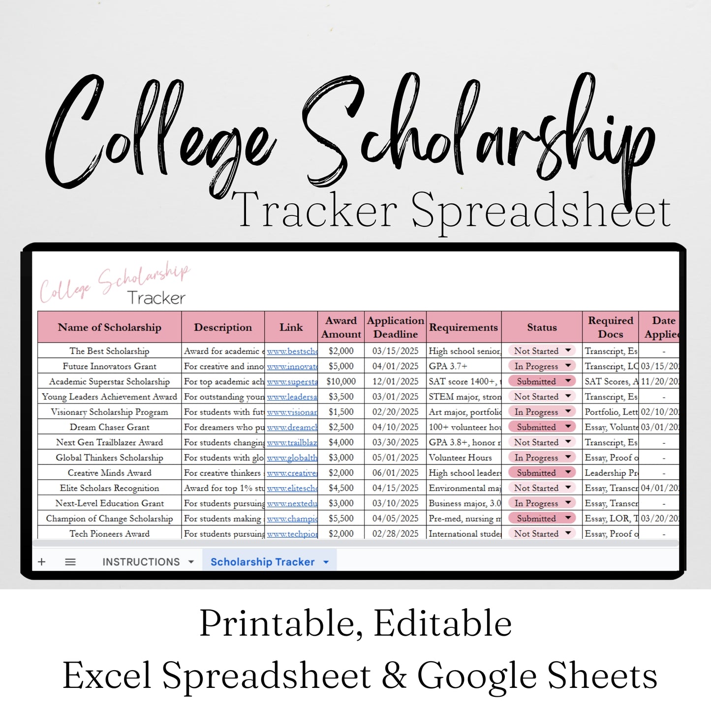 College Scholarship Tracker Template Google Sheets and Excel Spreadsheet