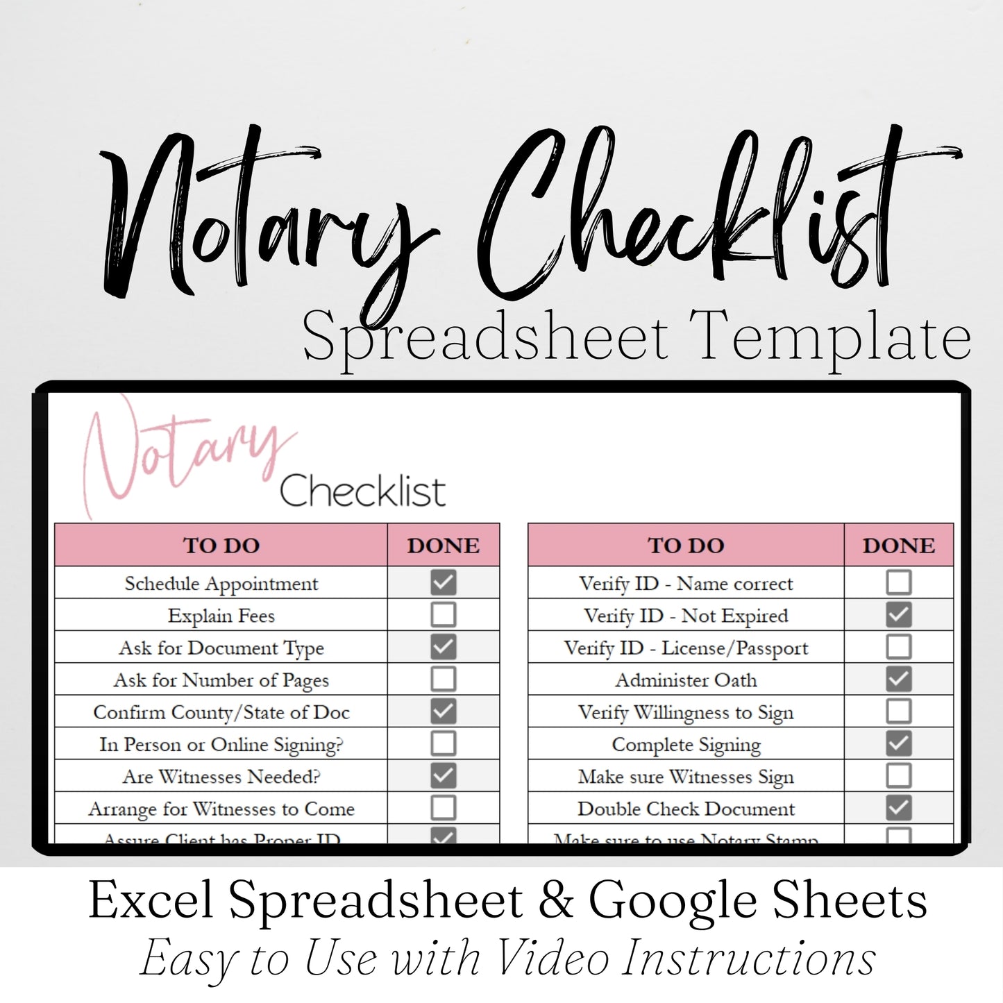 Notary Checklist Template for Google Sheets and Excel Spreadsheet