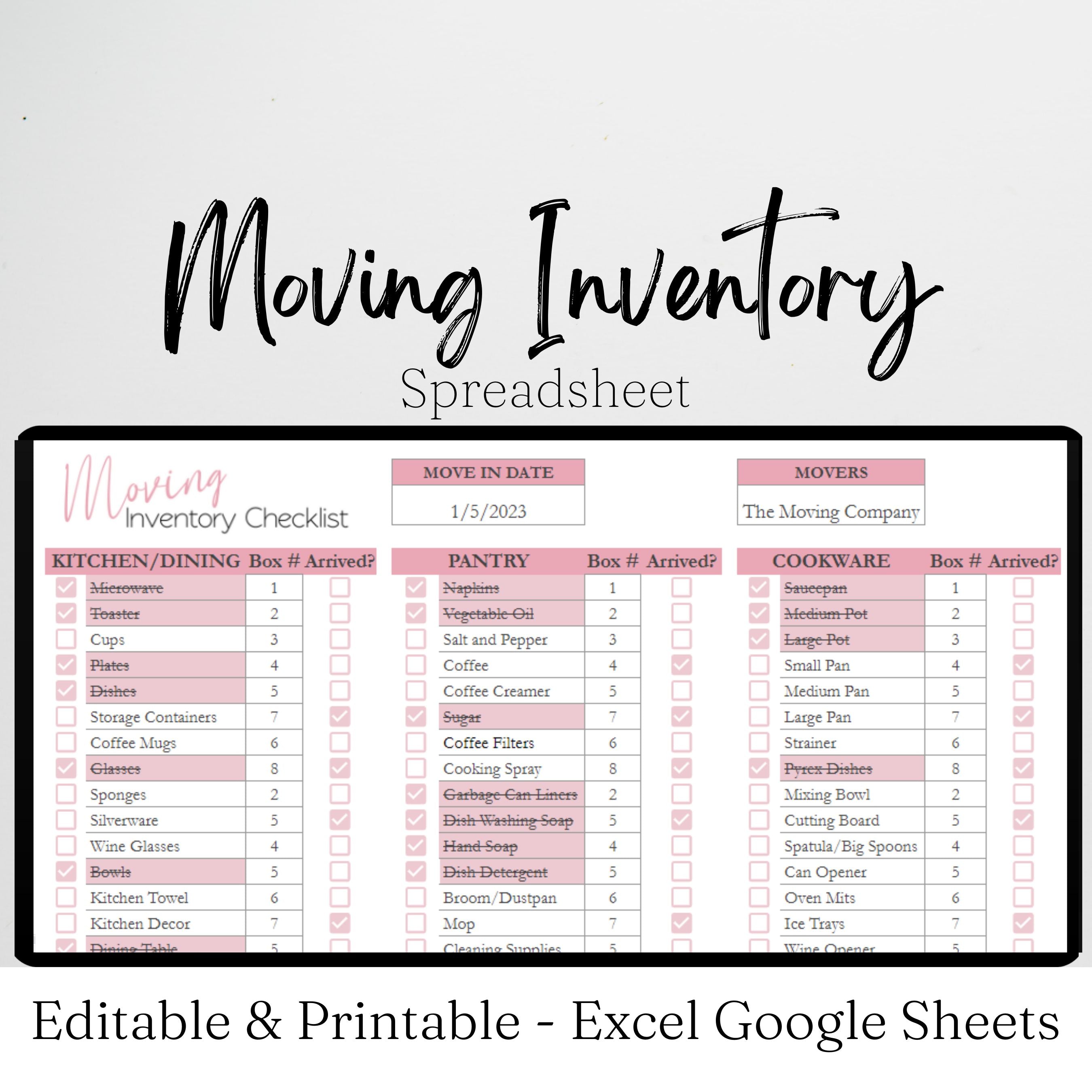 Moving Inventory Checklist Google Sheet and Excel Spreadsheet Savvy