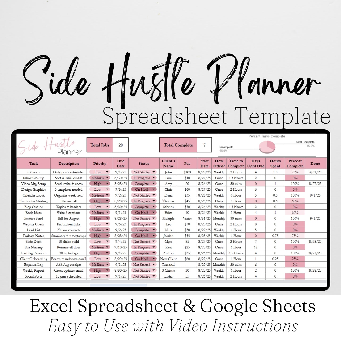 Side Hustle Planner Template for Google Sheets and Excel Spreadsheet