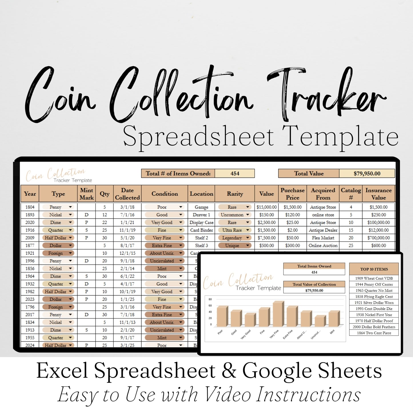 Coin Collection Inventory Spreadsheet Google Sheets and Excel Tracker
