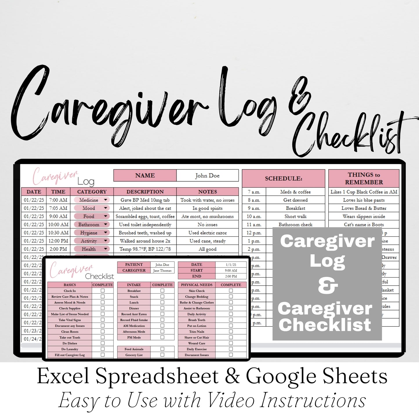Caregiver Log & Caregiver Checklist Tracker Template for Google Sheets and Excel Spreadsheet
