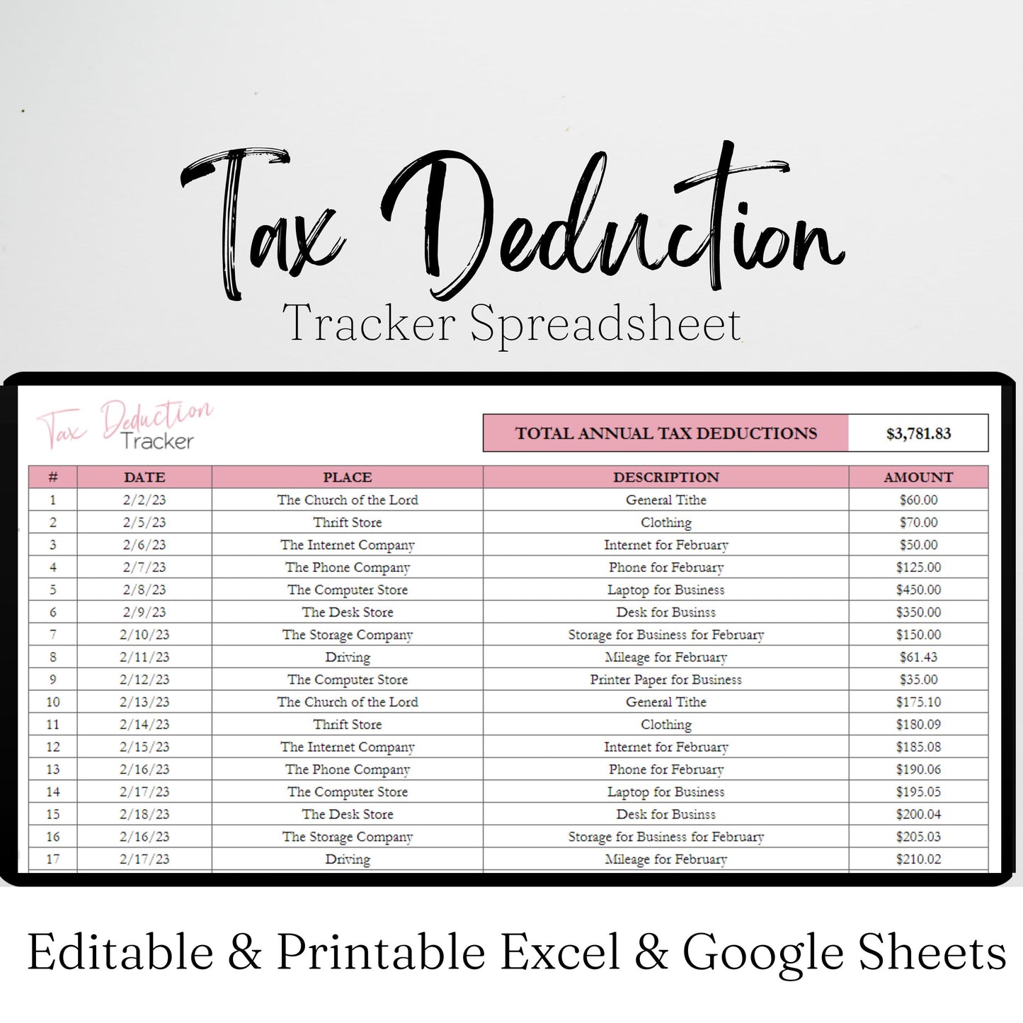 Tax Deduction Google Sheet and Excel Spreadsheet