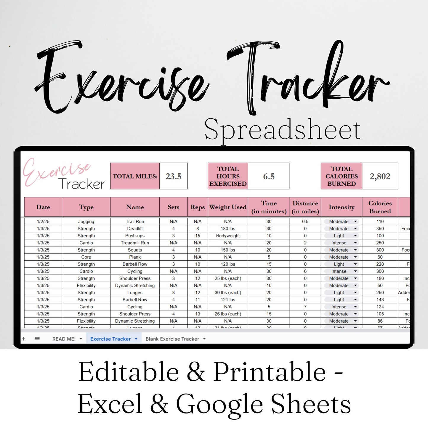 Exercise Tracker Google Sheet Template and Excel Spreadsheet