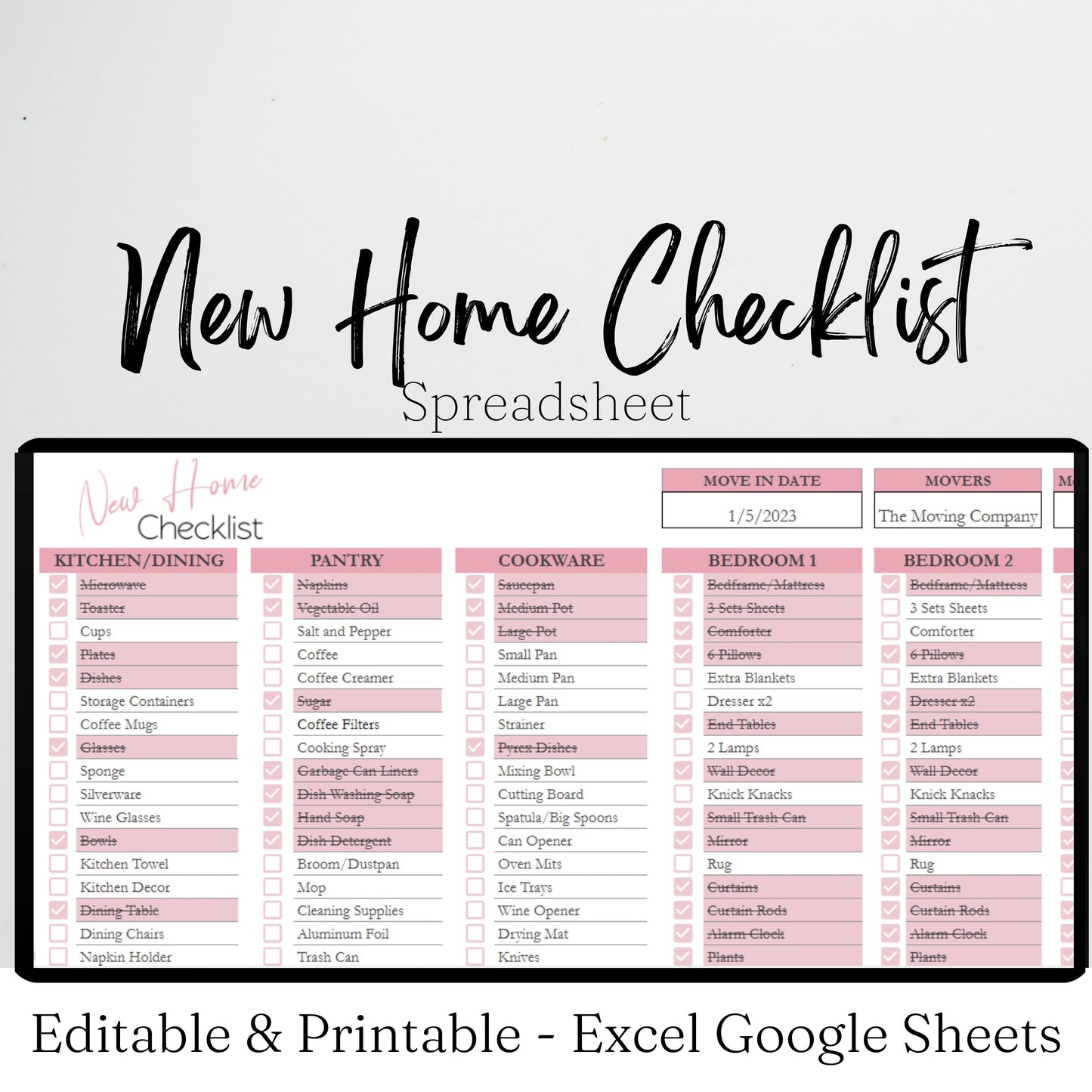 New Home Checklist Google Sheet and Excel Spreadsheet