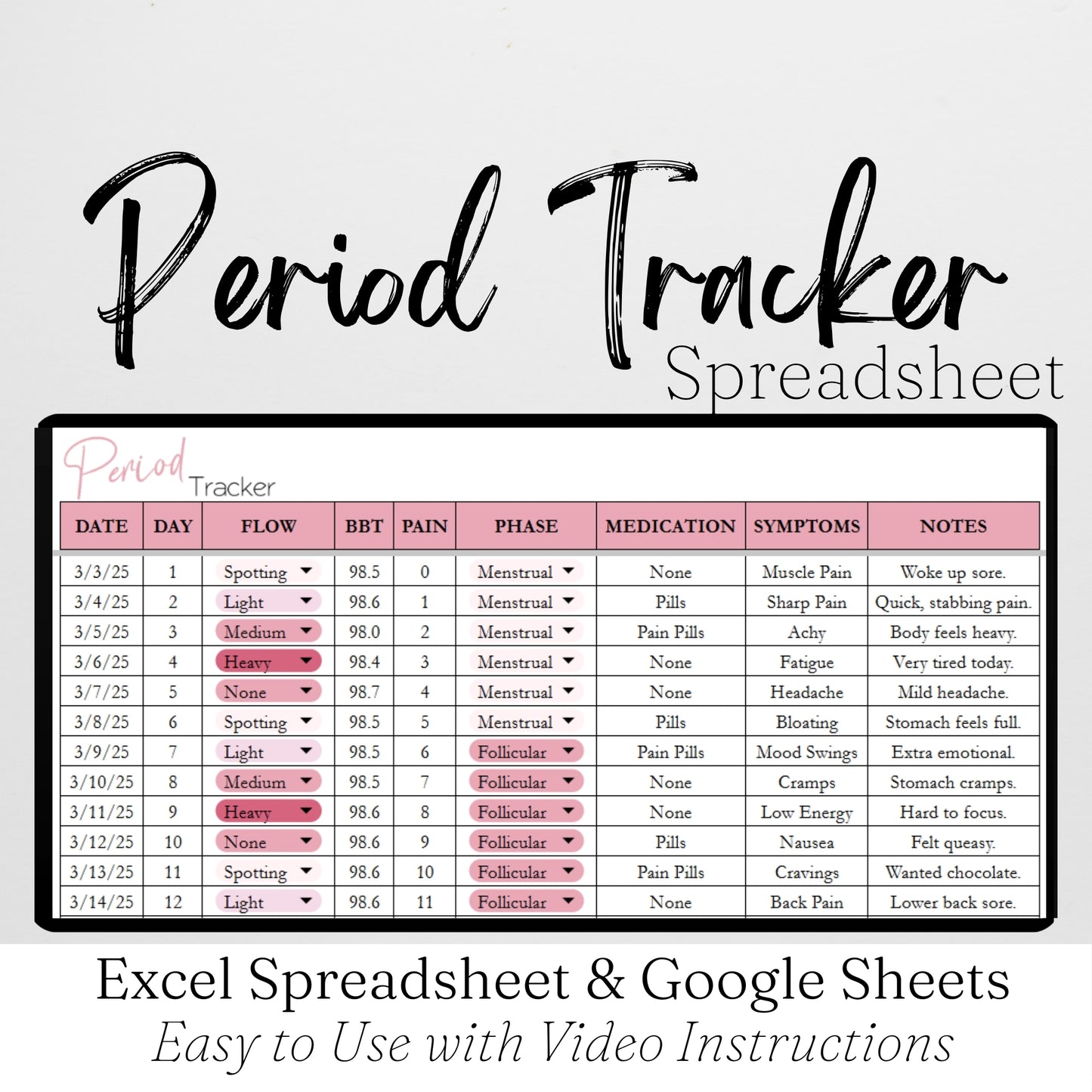 Period Tracker Template Google Sheets and Excel Spreadsheet