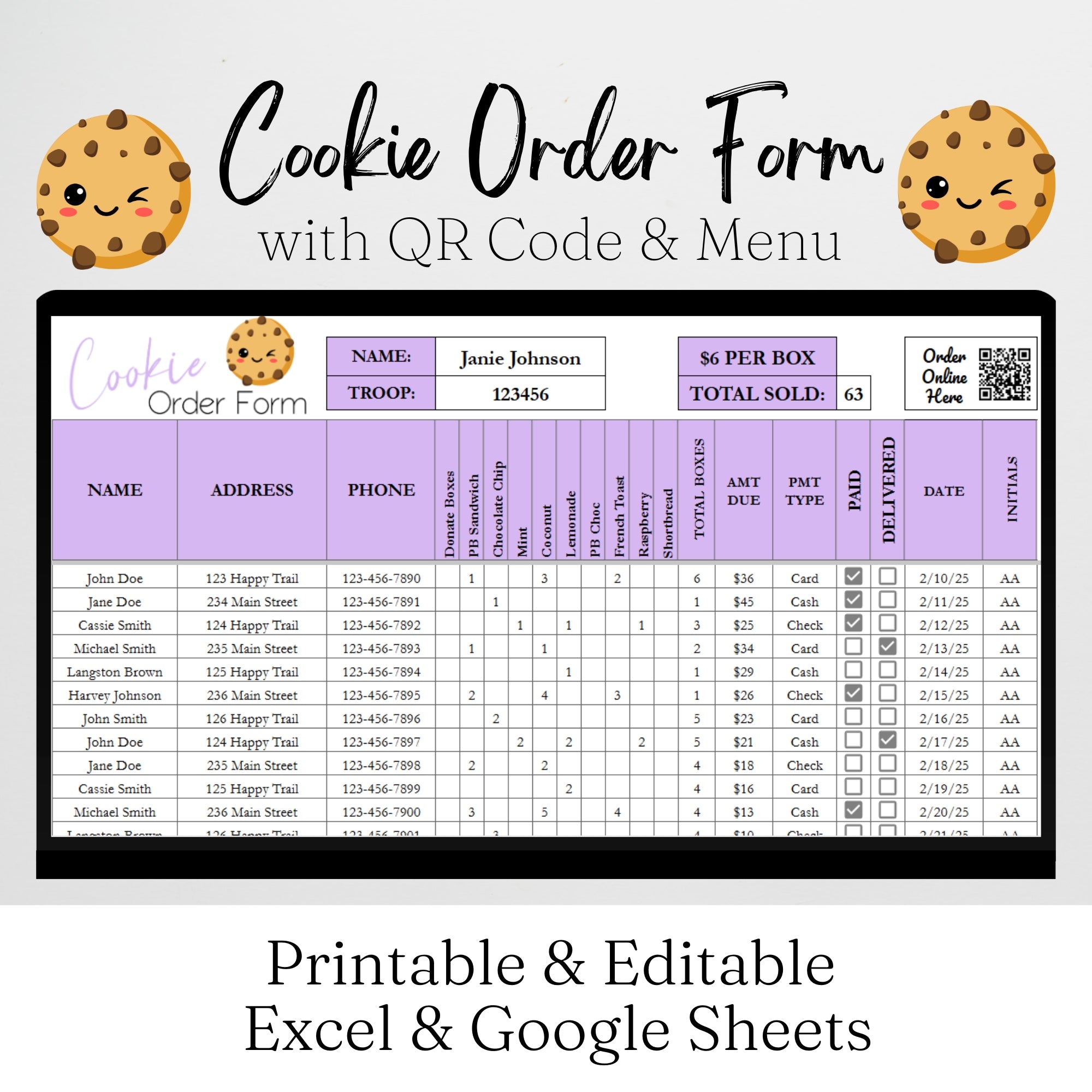 Cookie Order Form Template with QR Code Google Sheets and Excel, Print