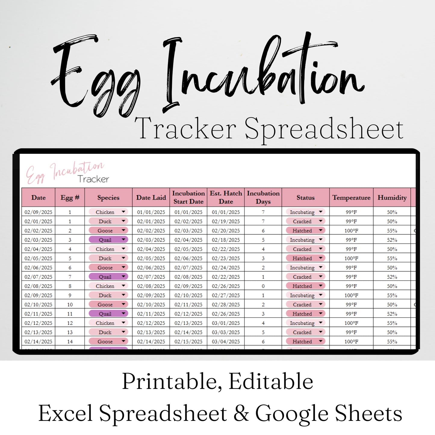 Egg Hatching Tracker Template Google Sheets and Excel Spreadsheet