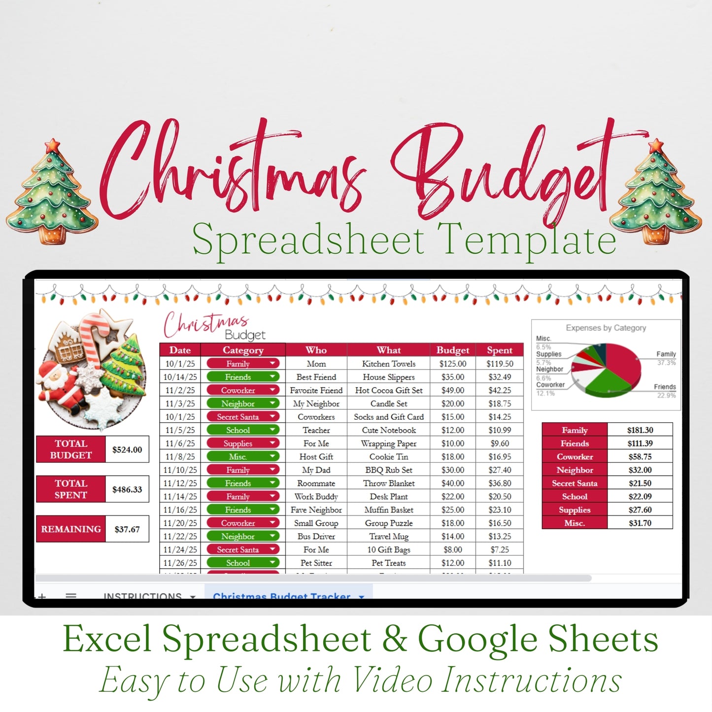 Christmas Budget Spreadsheet Template, Excel Spreadsheet and Google Sheet
