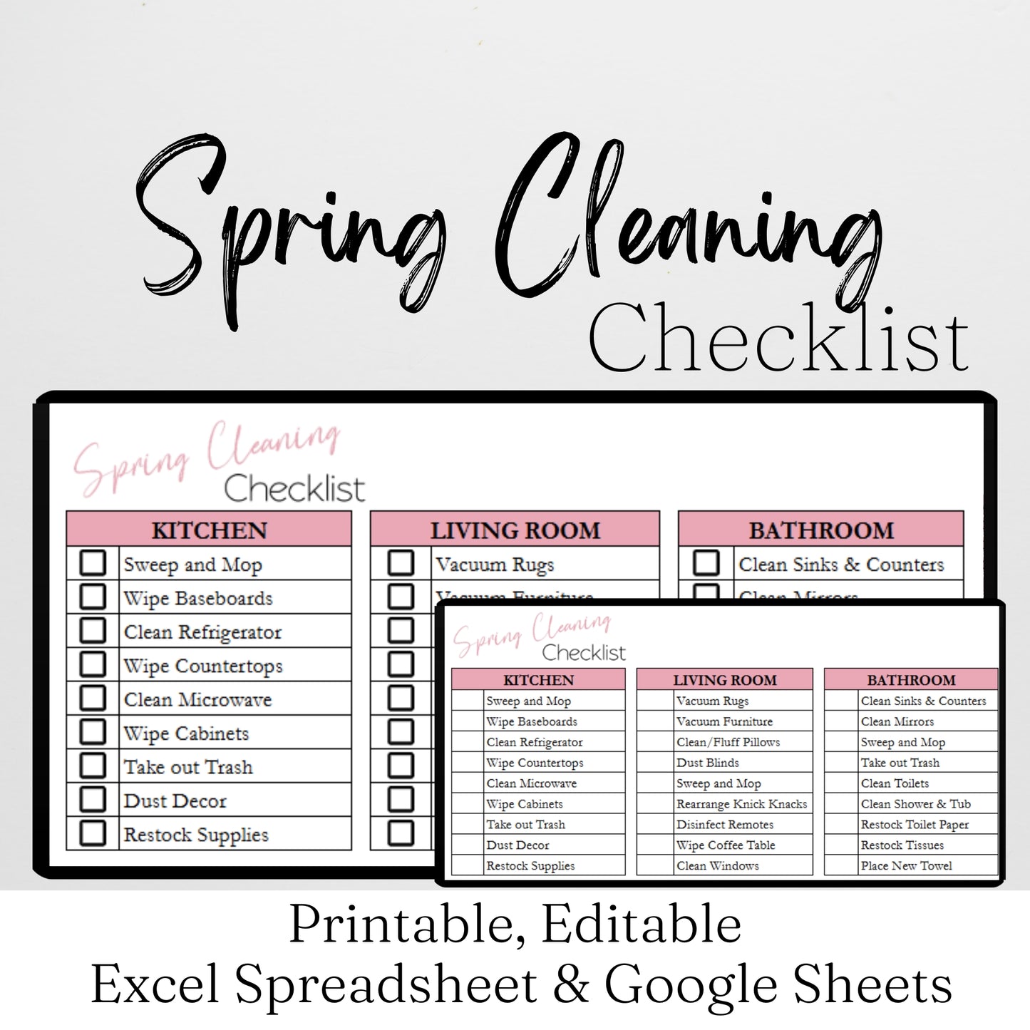 Spring Cleaning Checklist Google Sheets and Excel Spreadsheet Template