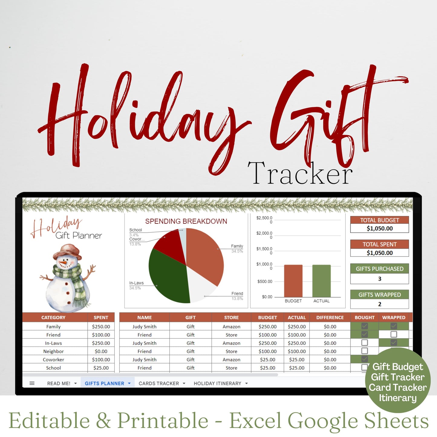 Holiday Gift Tracker Google Sheet, Christmas Planner Spreadsheet, Holiday Presents, Christmas Budget Sheet, Christmas Present Tracking
