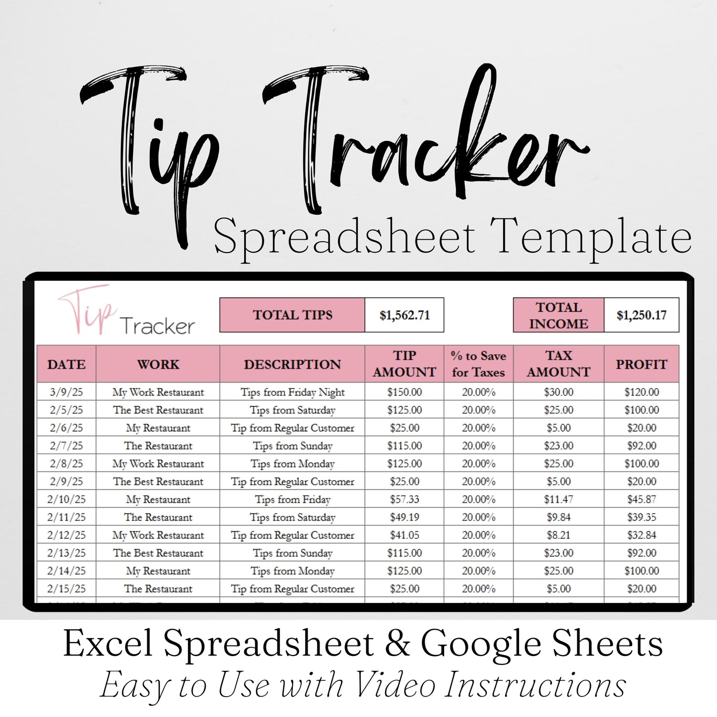 Tip Tracker Google Sheet and Excel Spreadsheet