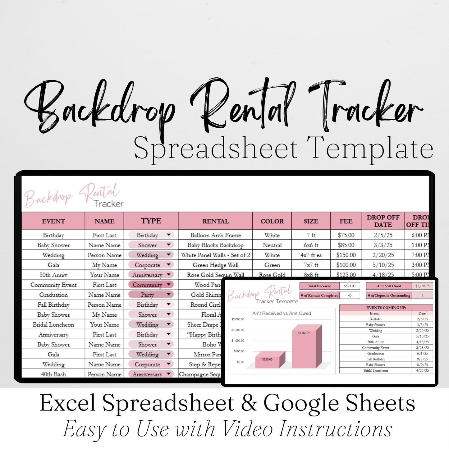 Backdrop Rental Tracker for Party Business Google Sheets and Excel Spreadsheet