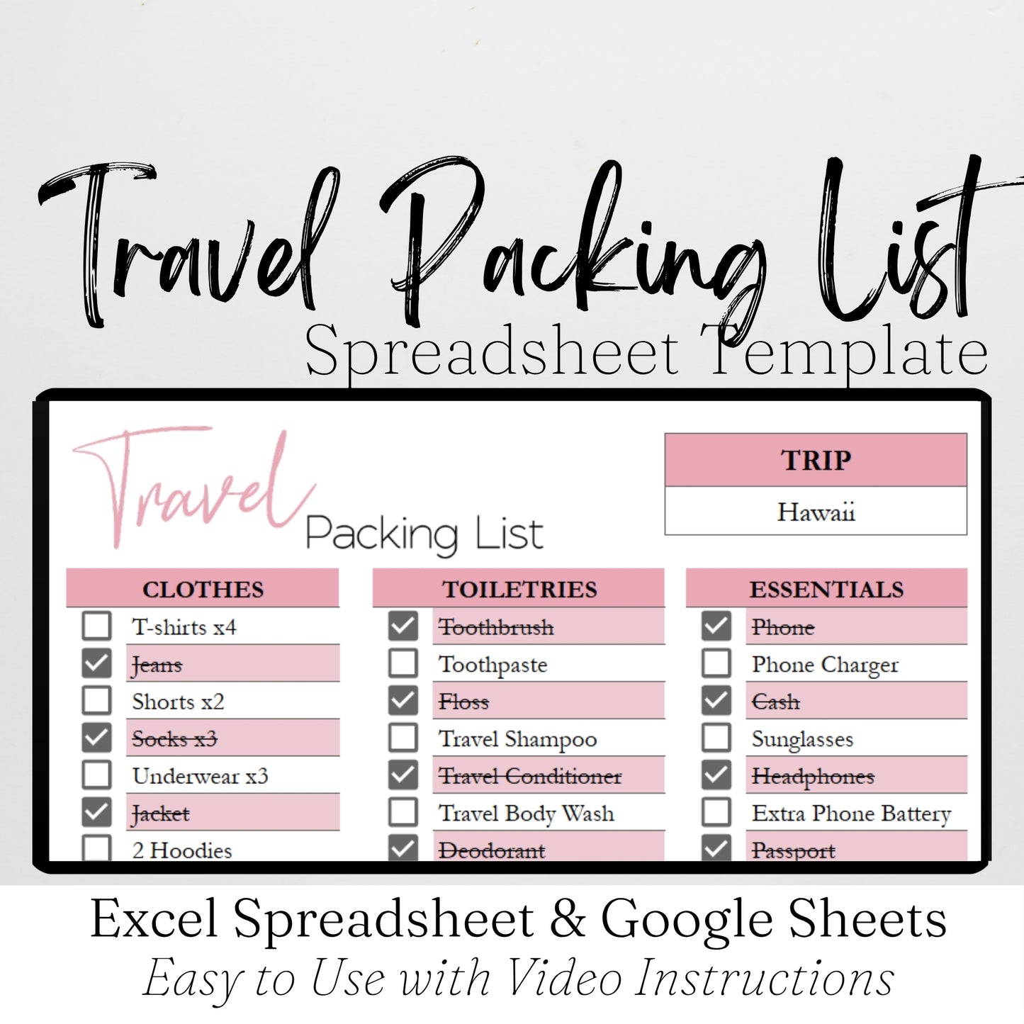 Travel Packing List Template Google Sheets and Excel Spreadsheet