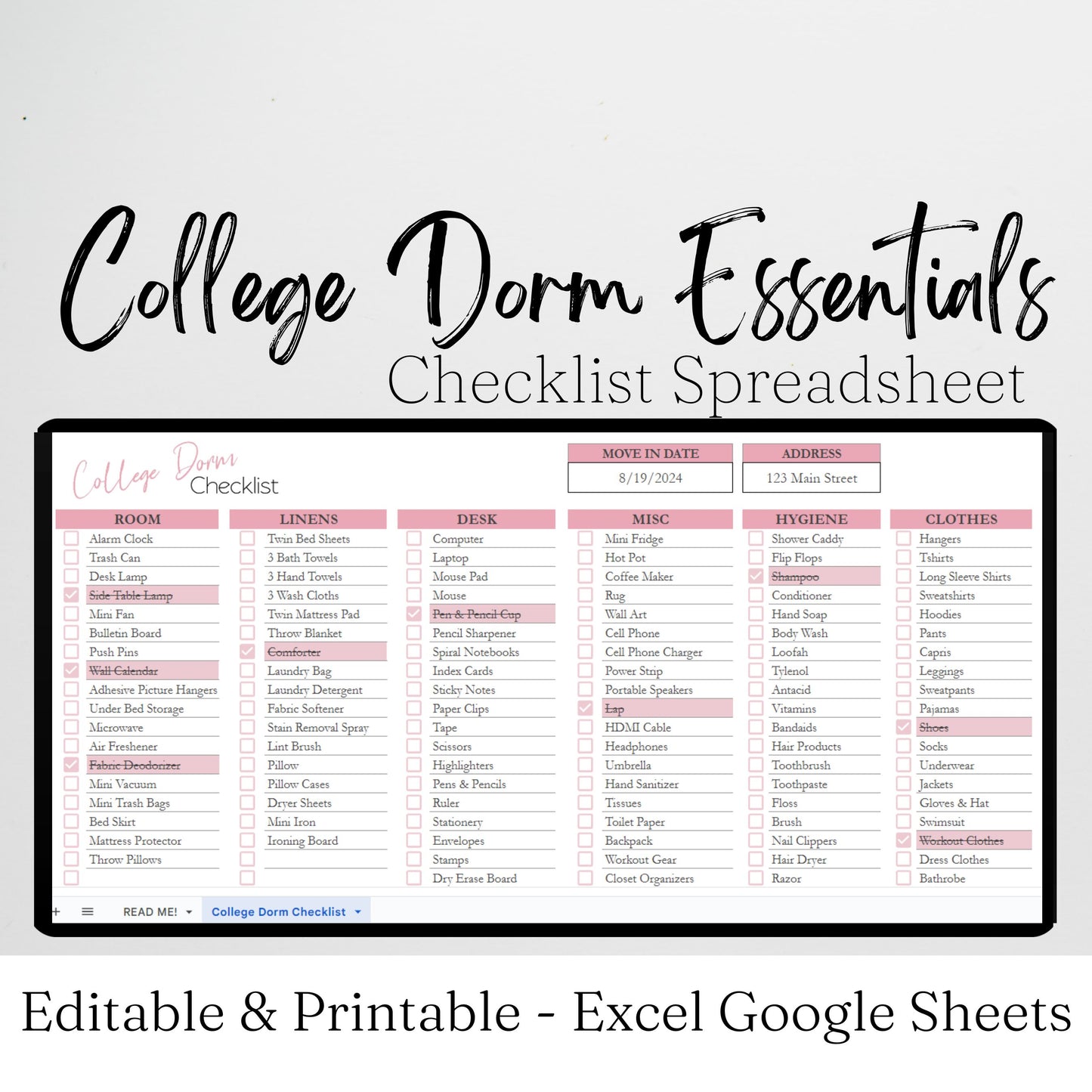 College Dorm Room Essentials Checklist Template Google Sheets Excel Spreadsheet