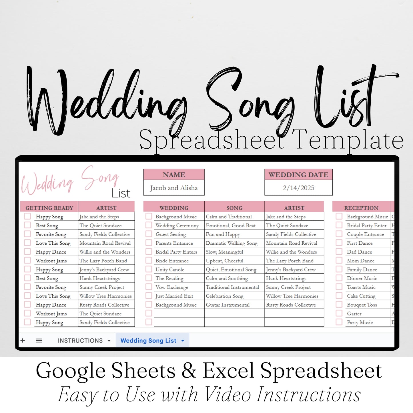 Wedding Song Playlist Template Google Sheets and Excel Spreadsheet