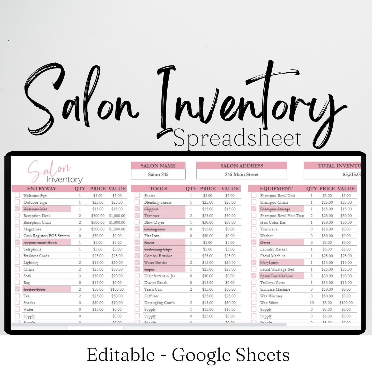 Salon Inventory Tracker Google Sheet