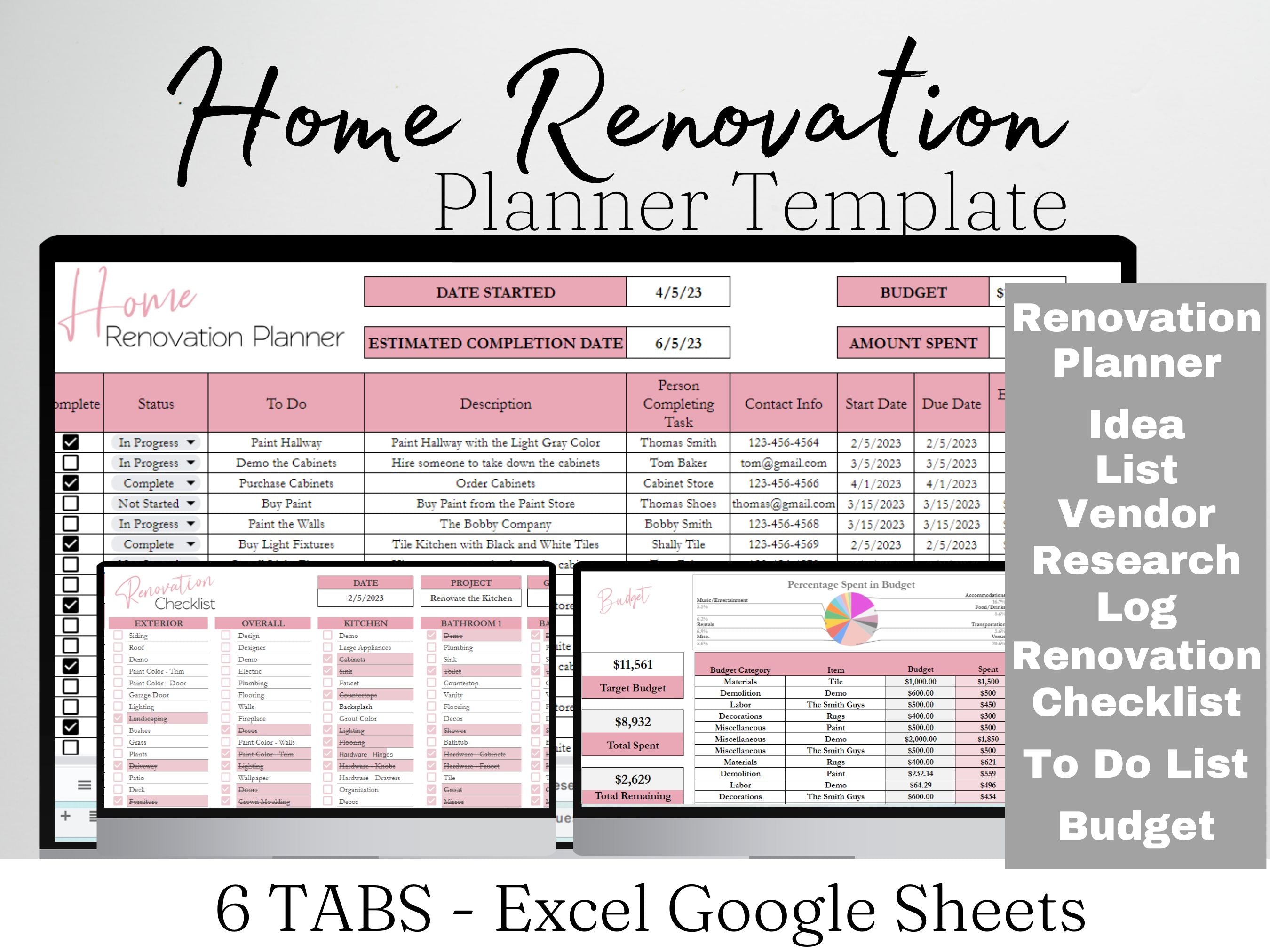 Home Renovation Planner Spreadsheet Bundle for Google Sheets and Excel ...
