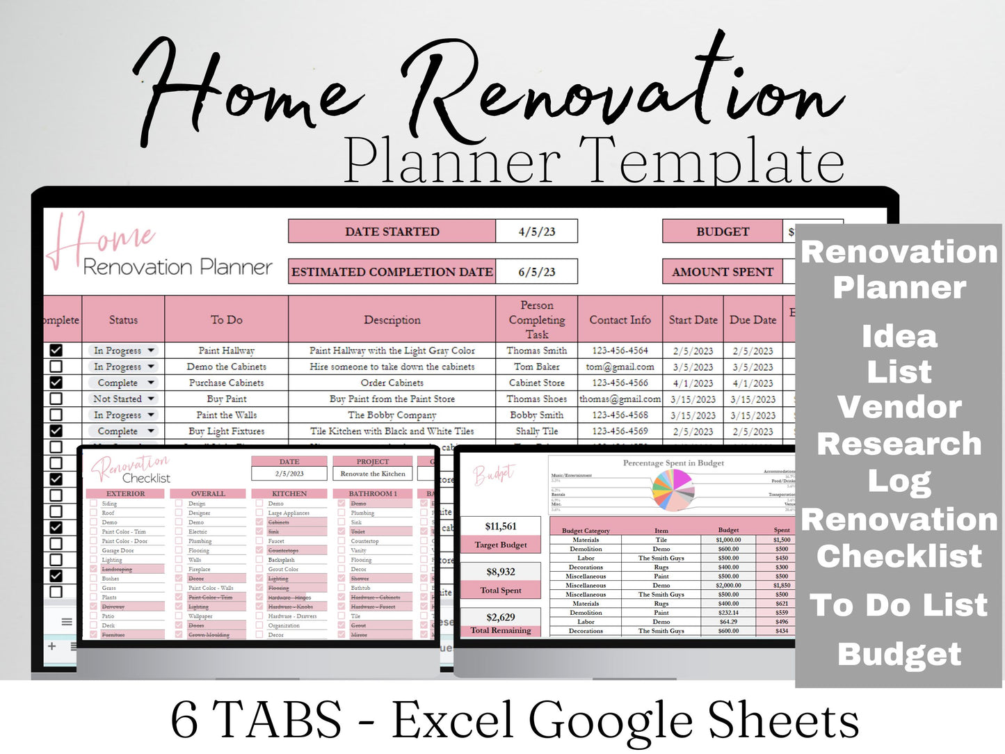 Home Renovation Planner Spreadsheet Bundle for Google Sheets and Excel Spreadsheets
