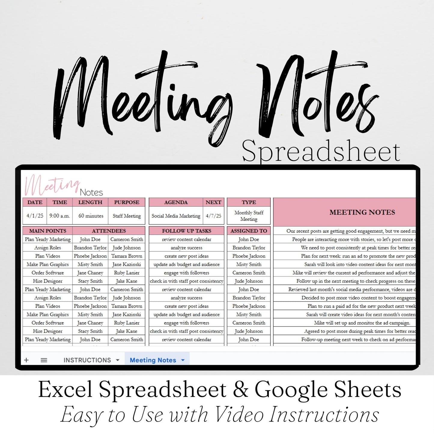 Meeting Notes Template Google Sheets and Excel Spreadsheet