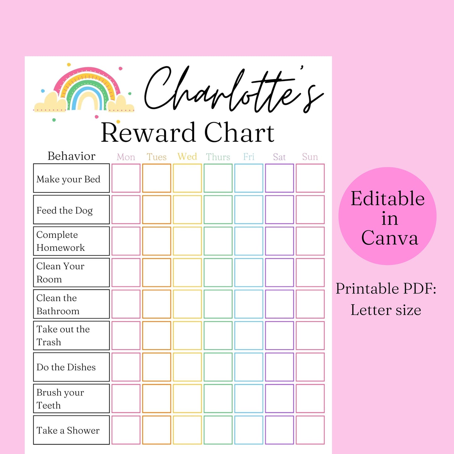 Reward Chart for Kids Printable Template in Canva, Editable Template