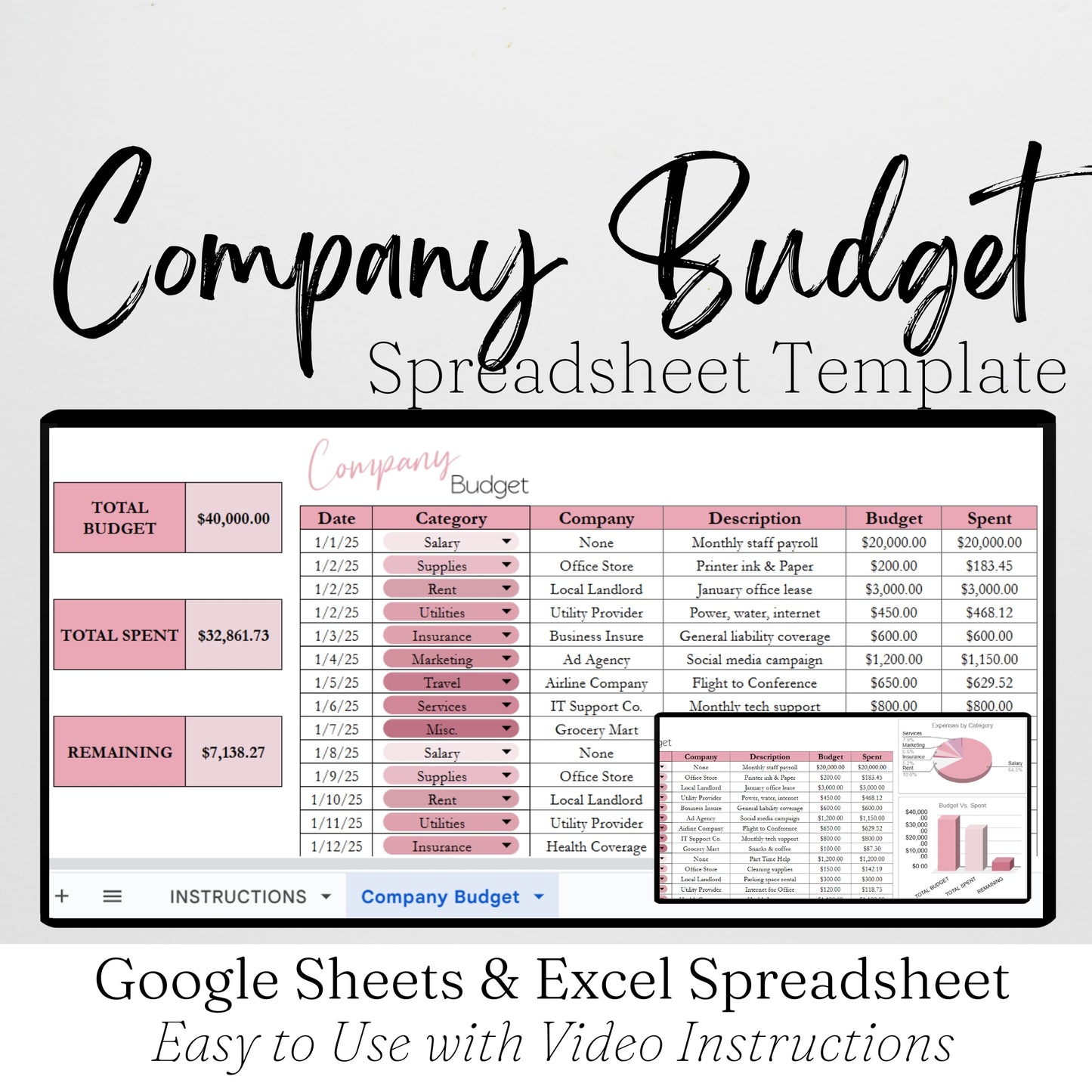 Company Budget Spreadsheet Template Google Sheets and Excel Spreadsheet - Small Business Budgeting
