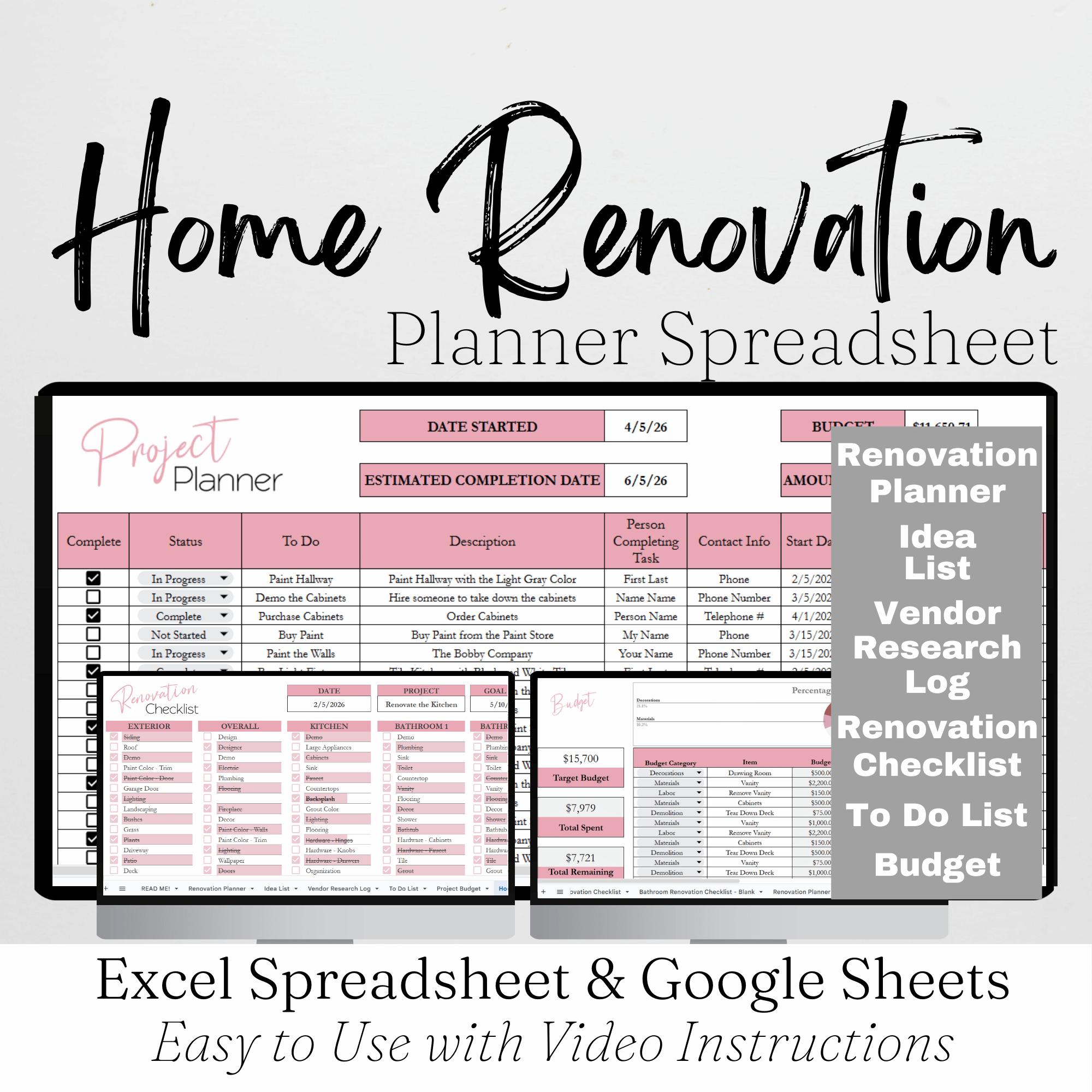 Home Renovation Planner Template Google Sheets and Excel Spreadsheet ...