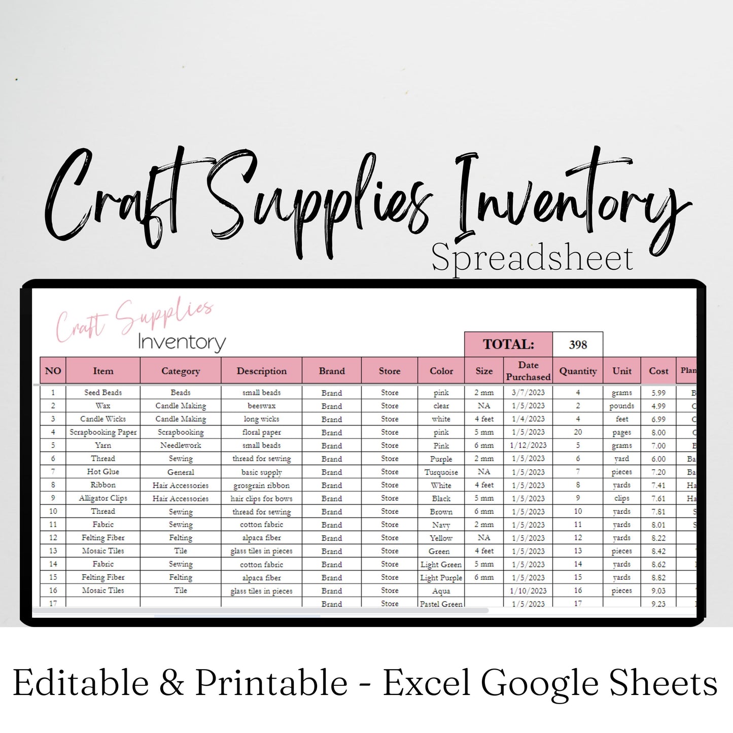 Craft Supplies Inventory Tracker Google Sheet