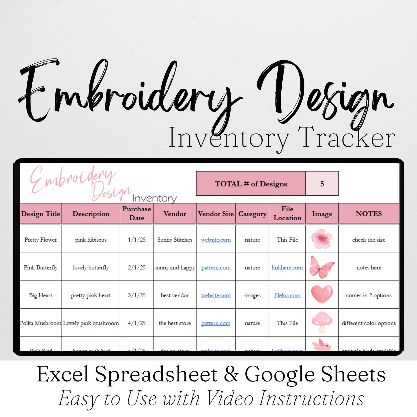 Embroidery Design Inventory Tracker Google Sheets Template and Excel Spreadsheet