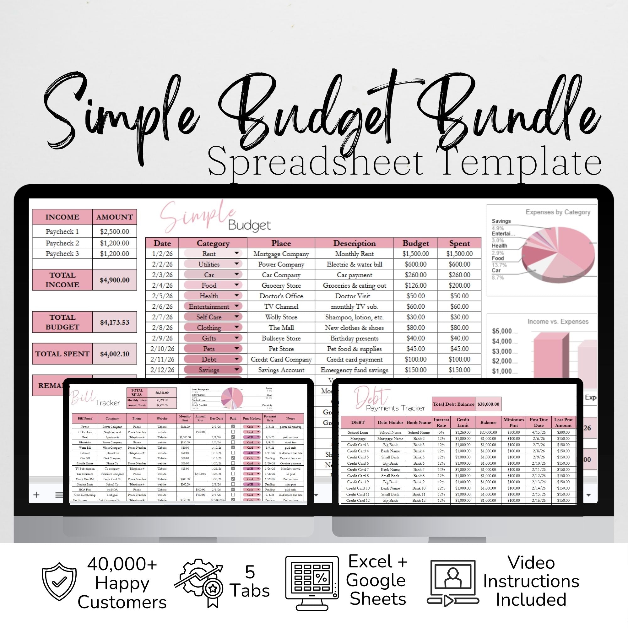 Simple Budget Template Google Sheets and Excel Spreadsheet Bundle with ...