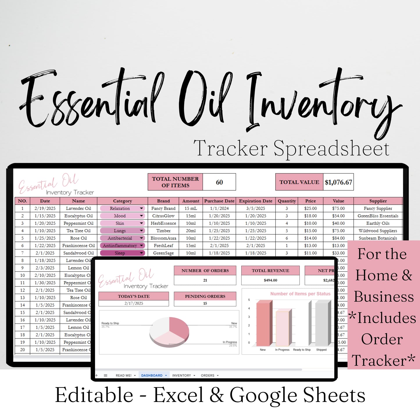 Essential Oil Inventory Tracker Template Google Sheet and Excel Spreadsheet