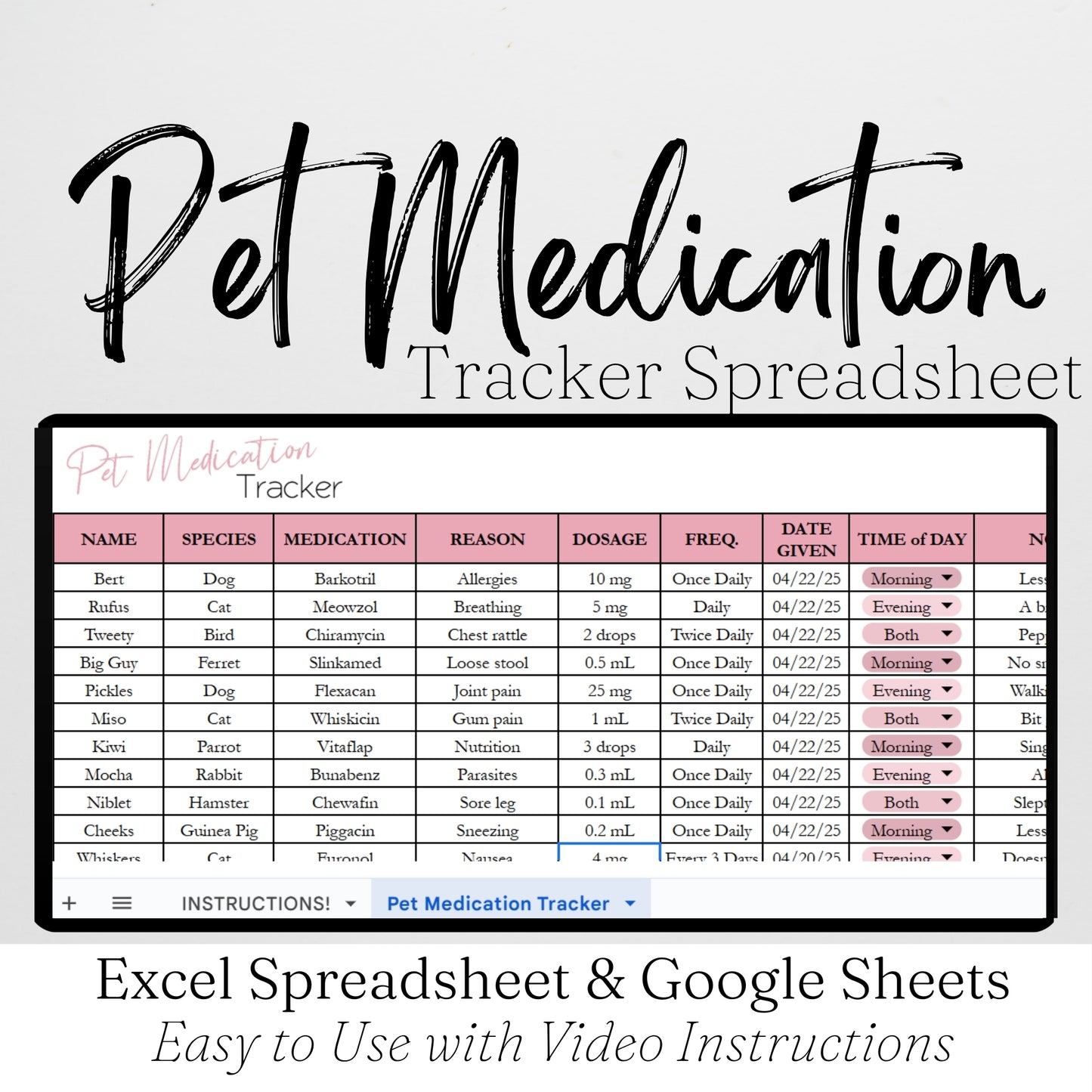 Pet Medication Tracker Template for Google Sheets and Excel Spreadsheet