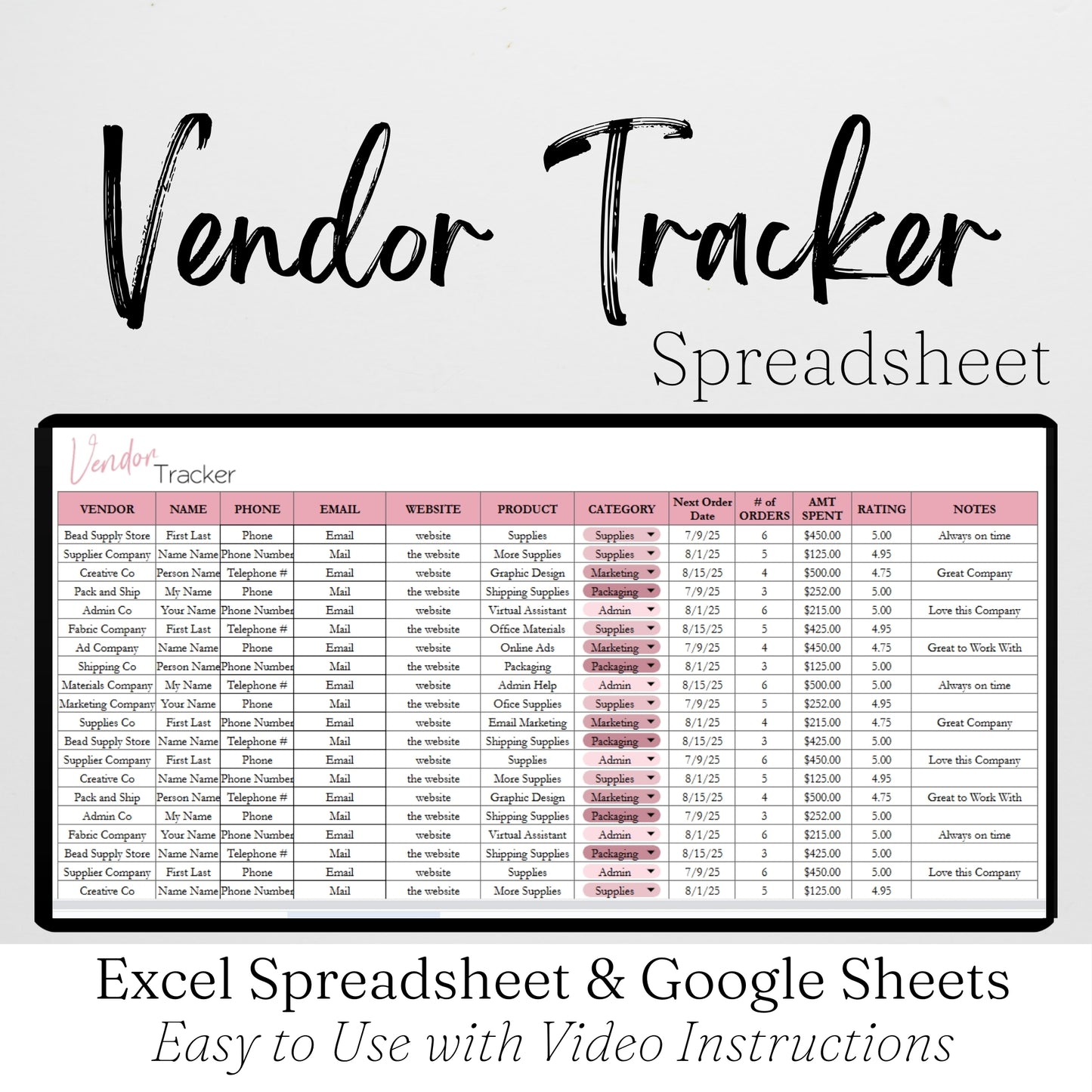Vendor Tracker Template Google Sheets and Excel Spreadsheet