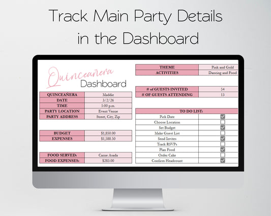 Quinceañera Planner Spreadsheet | Party Planning Template (Google Sheets & Excel) - Budget, Itinerary, Meals, Timeline
