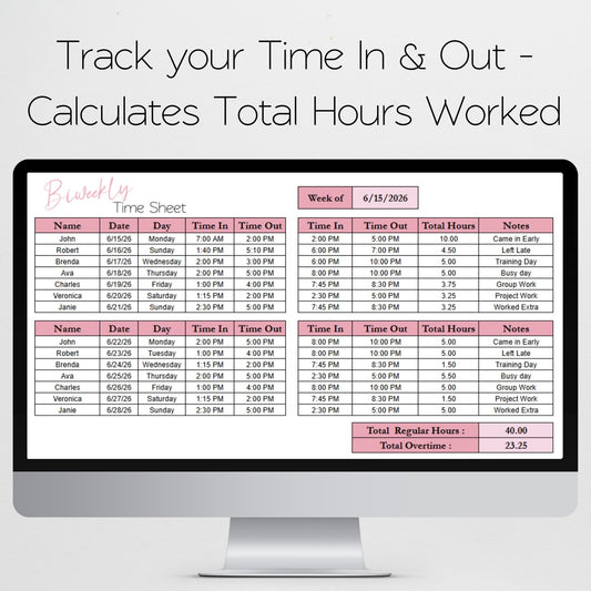Biweekly Time Sheet Template — Google Sheets & Excel | Editable Time Log, Payroll Tracker & Overtime Calculator