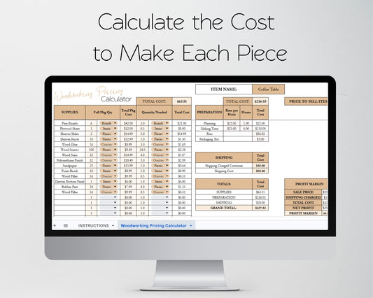 Woodworking Pricing Calculator Spreadsheet | Track Costs, Labor & Profit Margins | Google Sheets & Excel