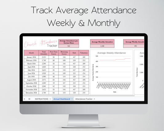 Church Attendance Tracker - Sunday Service, Regular Attendees, Visitors, Kids, Monthly & Annual Charts - Google Sheets and Excel Spreadsheet Template