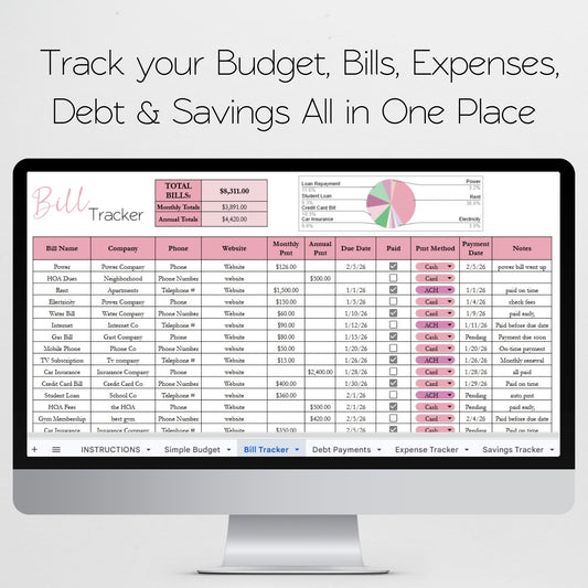 Simple Budget Template Google Sheets and Excel Spreadsheet Bundle with Budgeting Planner, Expense Tracker, Debt Tracker, Savings Tracker