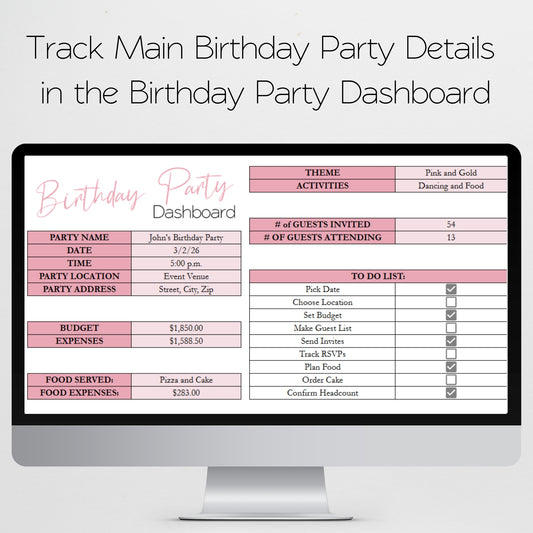 Birthday Party Planner Template Google Sheets and Excel Spreadsheet - Editable Organizer, Itinerary, Budget, Guest List,