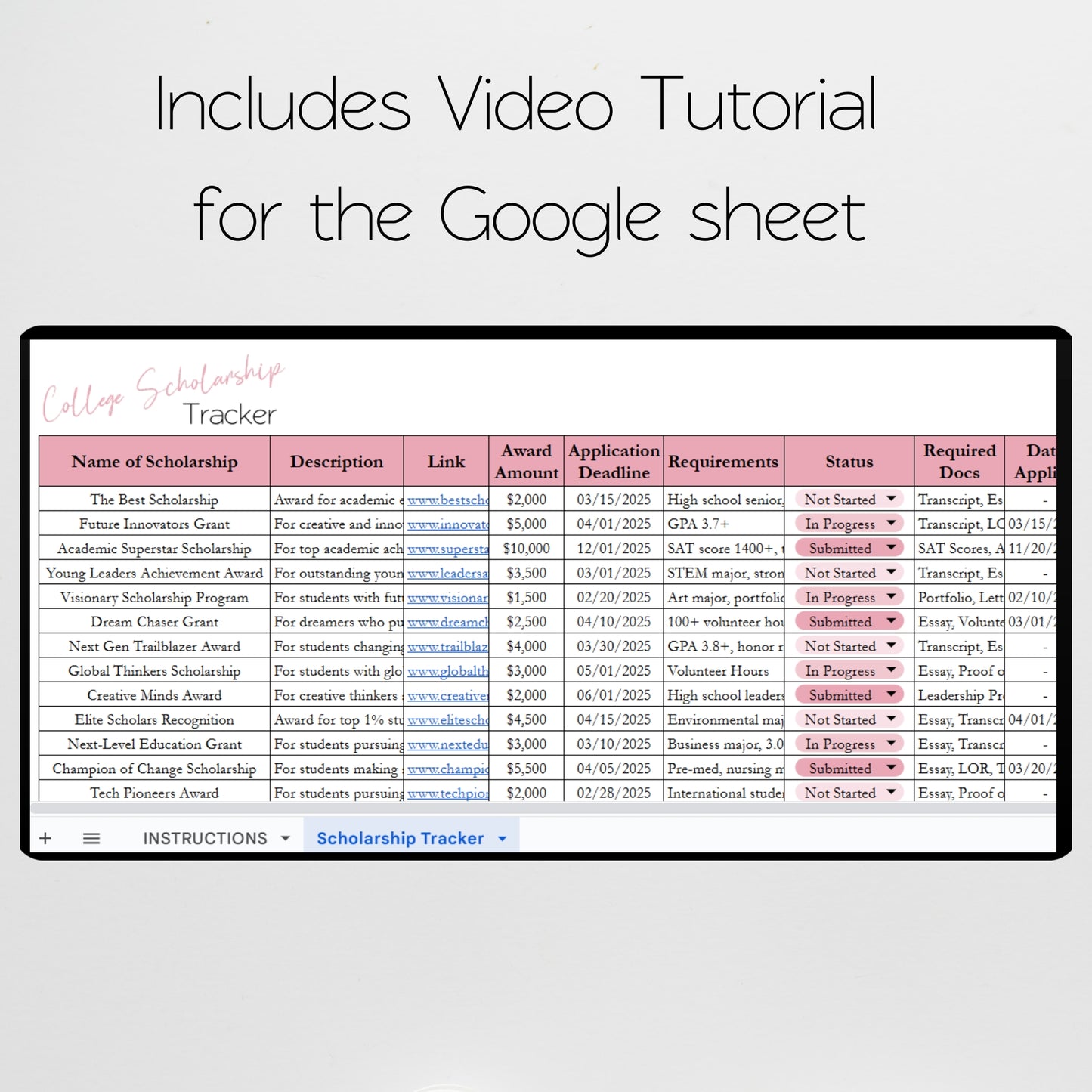 College Scholarship Tracker Template Google Sheets and Excel Spreadsheet
