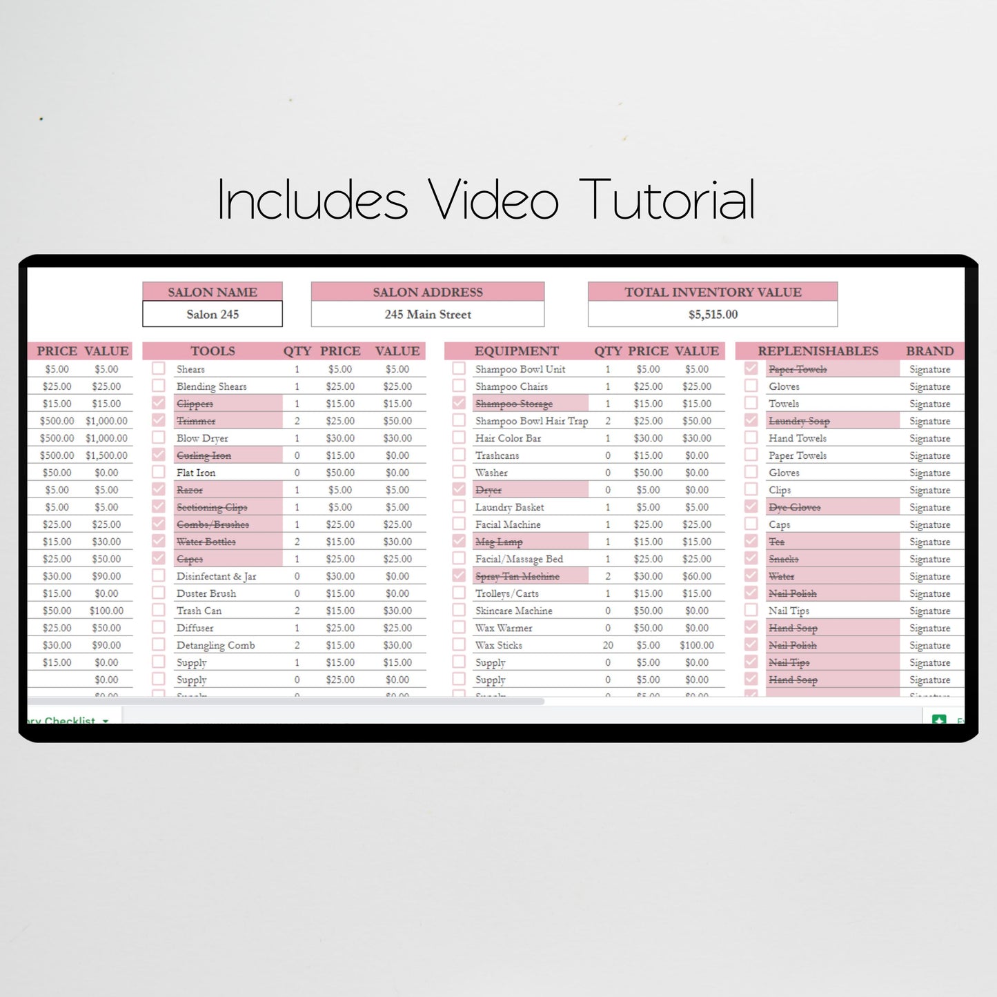 Salon Inventory Tracker Google Sheet