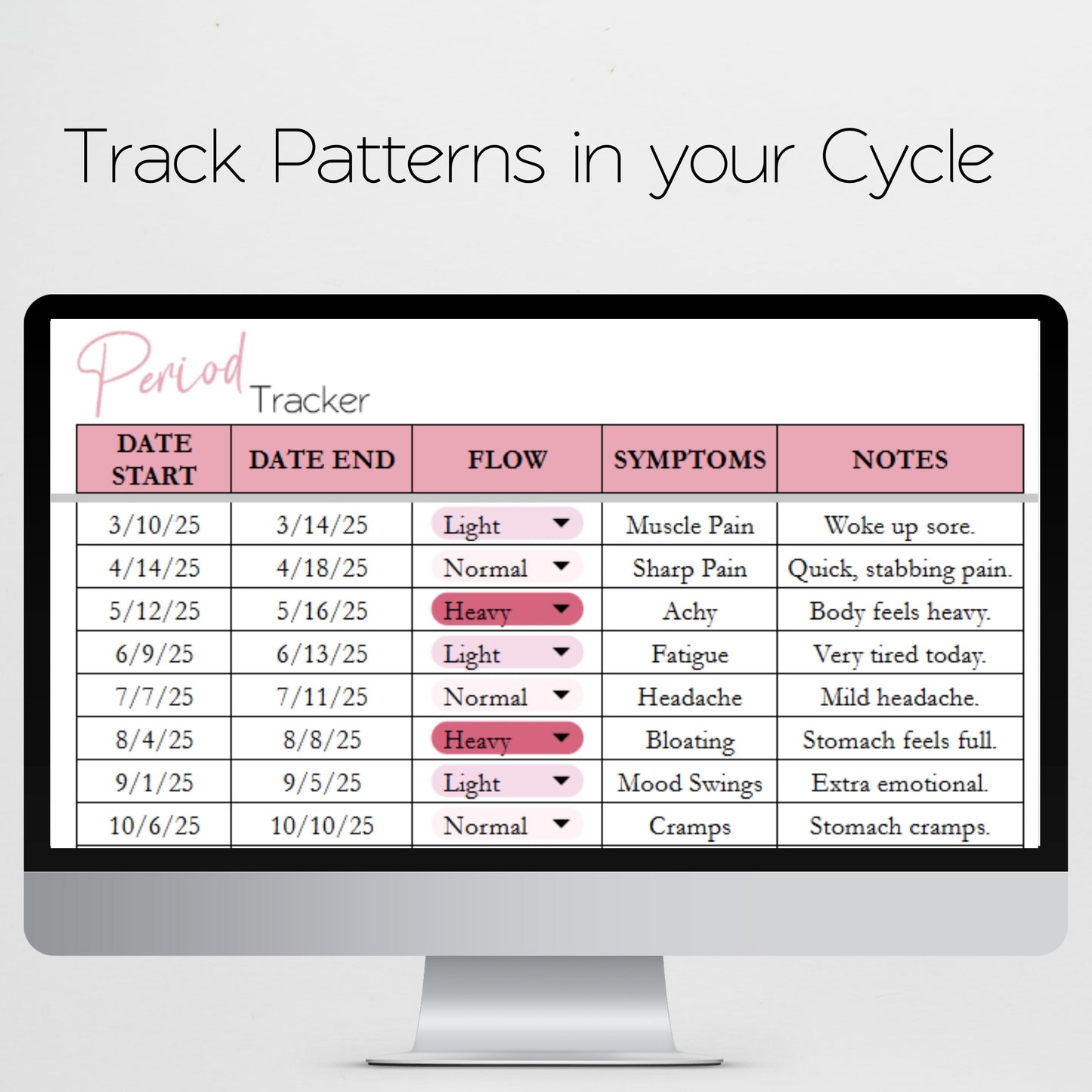 Period Tracker Template Google Sheets and Excel Spreadsheet