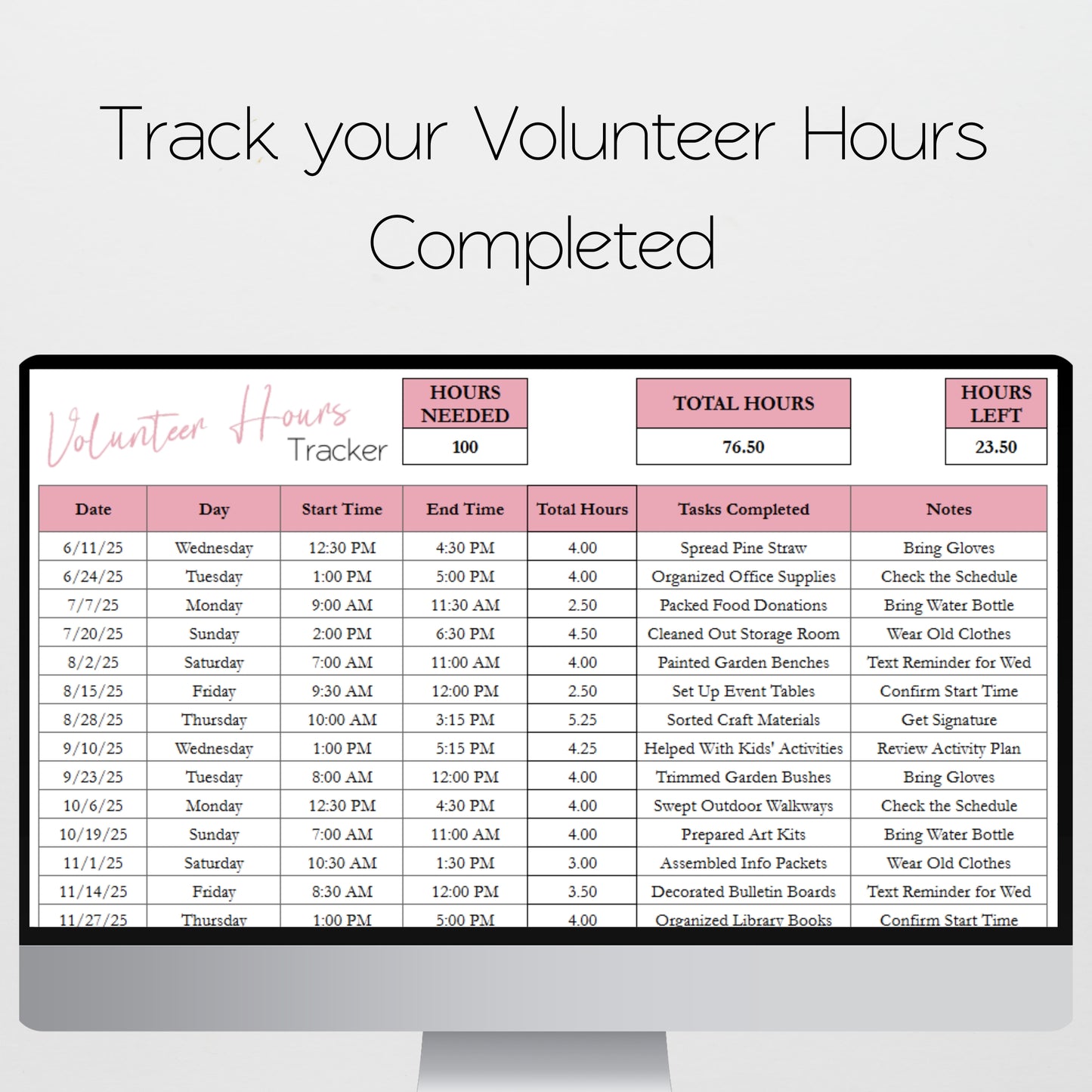 Volunteer Hours Log Template Google Sheets and Excel Spreadsheet