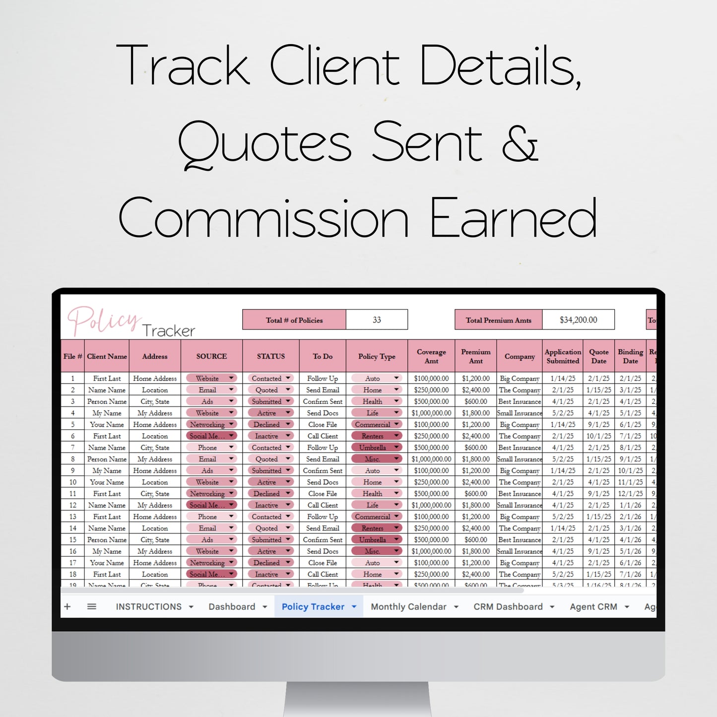 Insurance Agent Business Template Bundle Google Sheet and Excel Spreadsheet