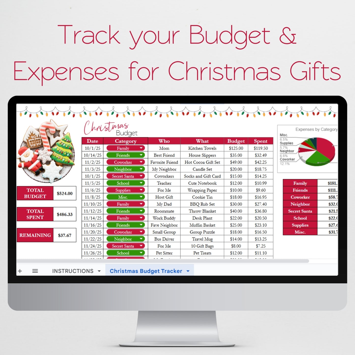 Christmas Budget Spreadsheet Template, Excel Spreadsheet and Google Sheet