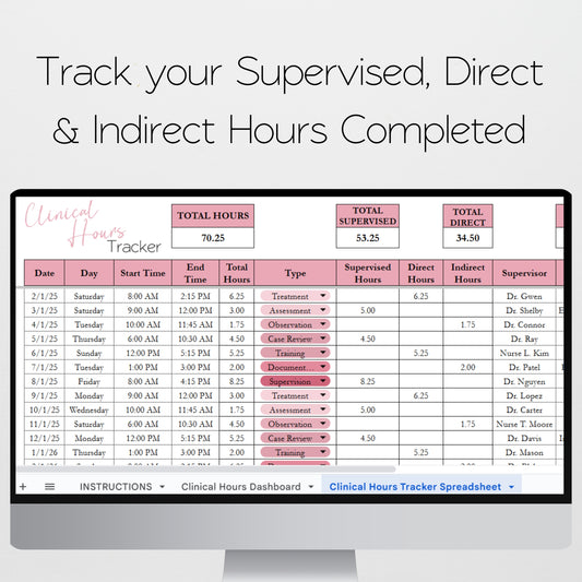 Clinical Hours Tracker Template Excel Spreadsheet and Google Sheets